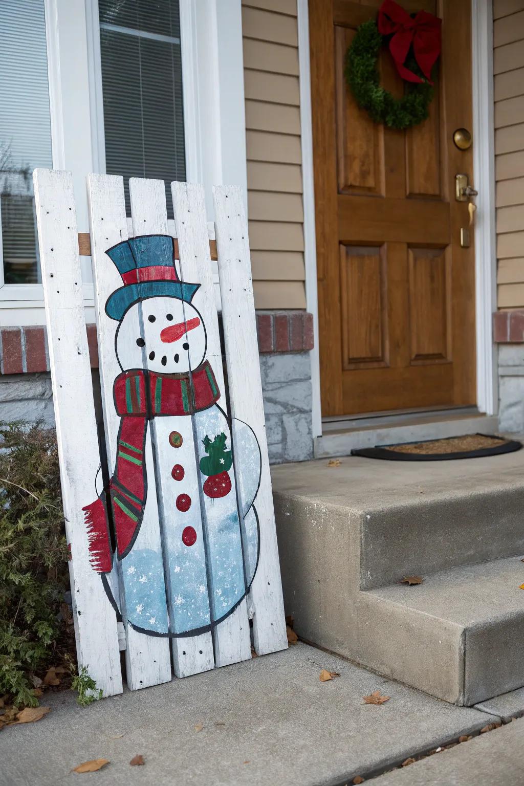 Spread happiness to your entryway with a snowman pallet.