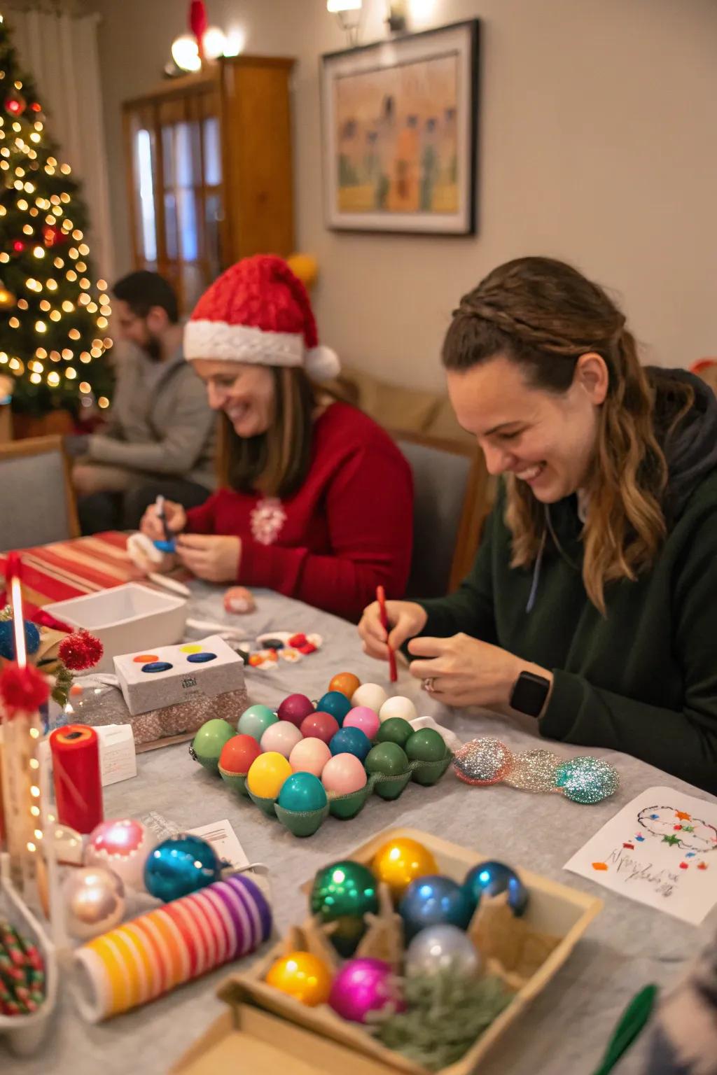 A lively DIY ornament station prepared for holiday crafting.