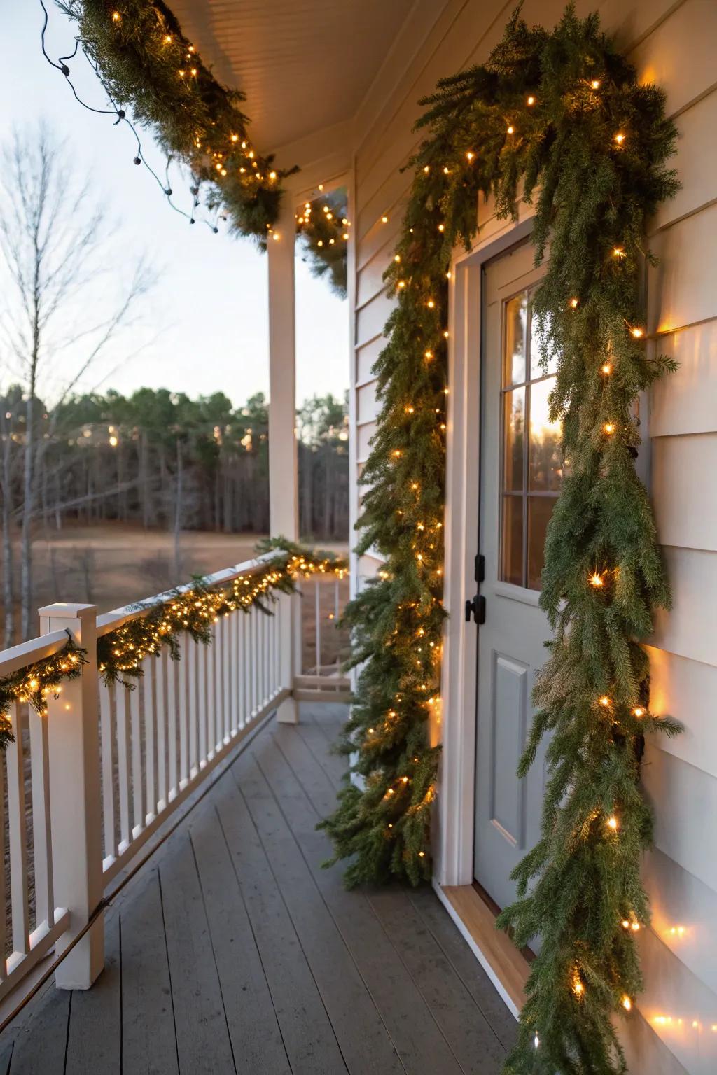 A radiant garland of evergreen and lights for a magical porch ambiance.