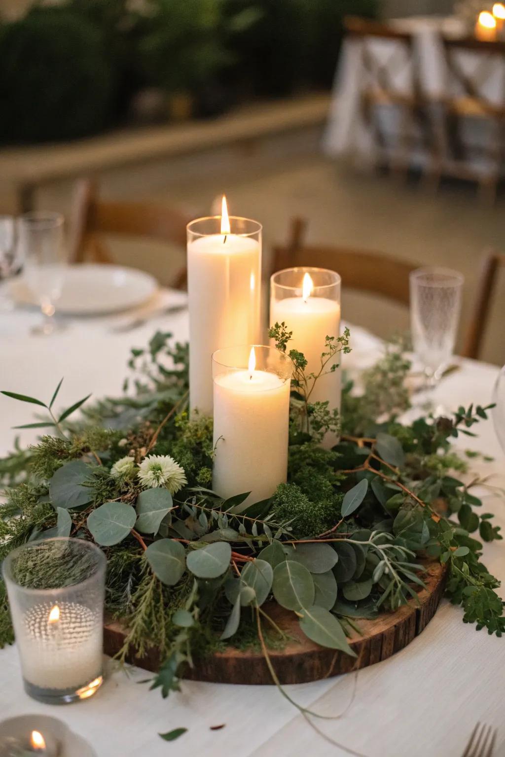 Illuminating wax encircled by plant life crafts a welcoming, snug atmosphere.