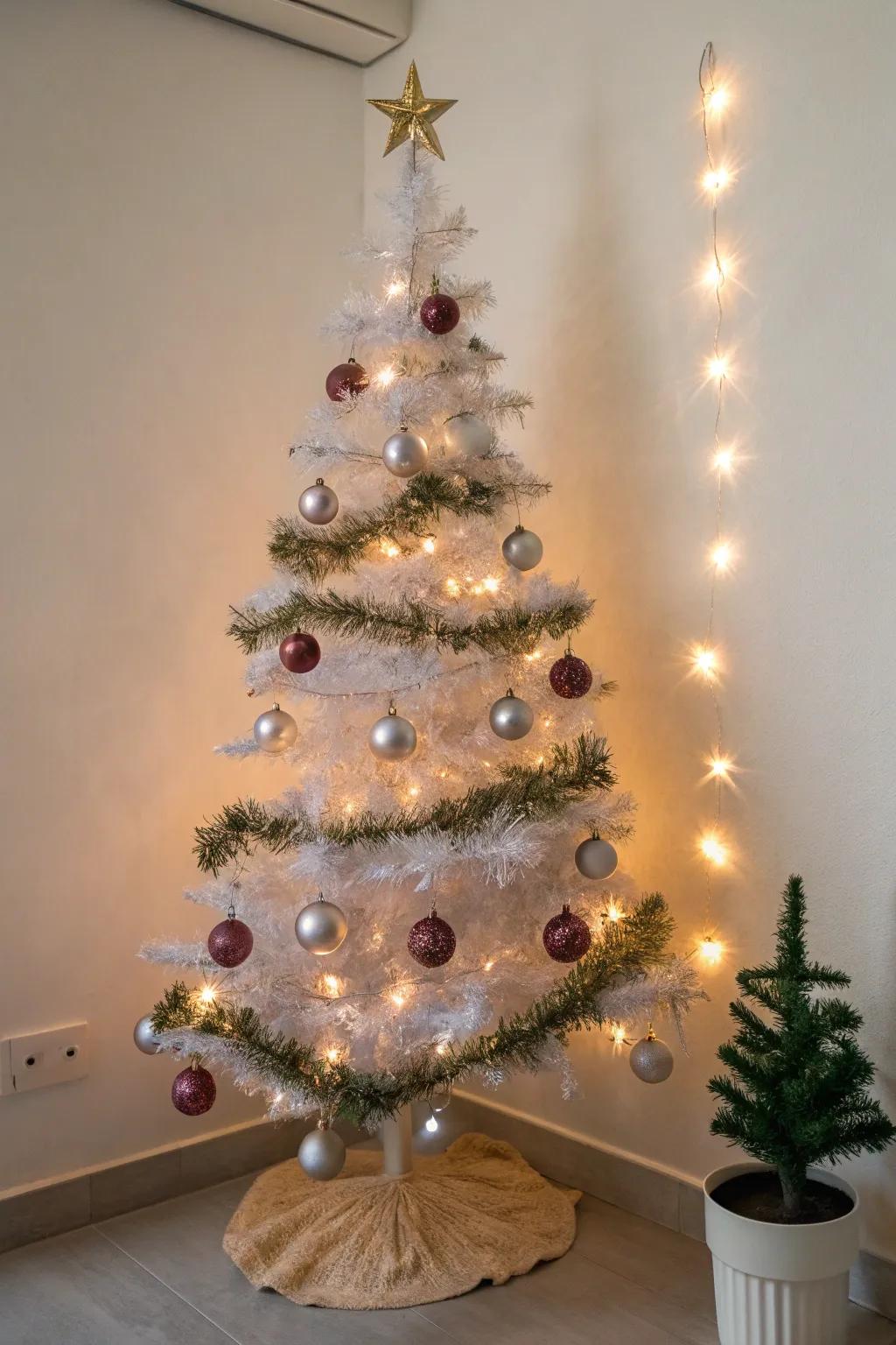A creative, wall-affixed sparkle strand Christmas tree that appends celebratory charm to limited spaces.