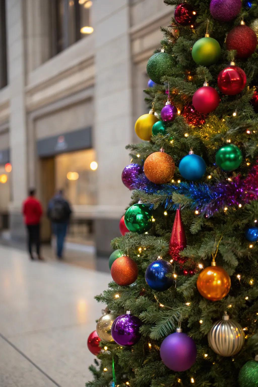 A bright spectrum-themed Christmas tree.