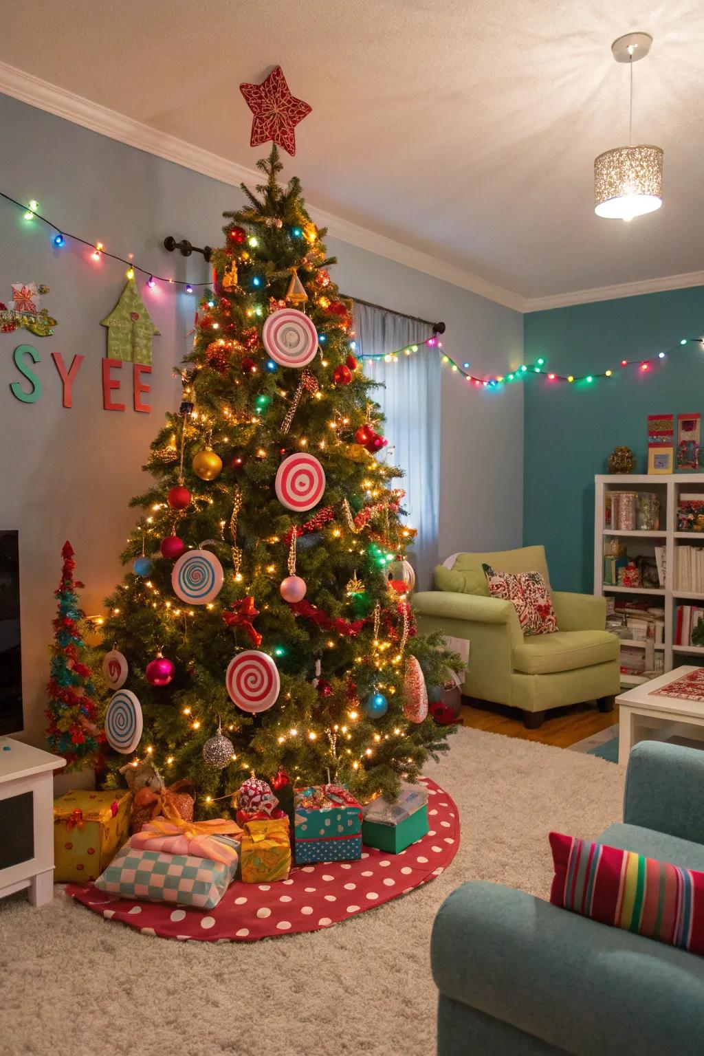 A whimsical Christmas tree embellished with confectionary-inspired decors and vibrant lights, ideal for a lively celebration ambiance.