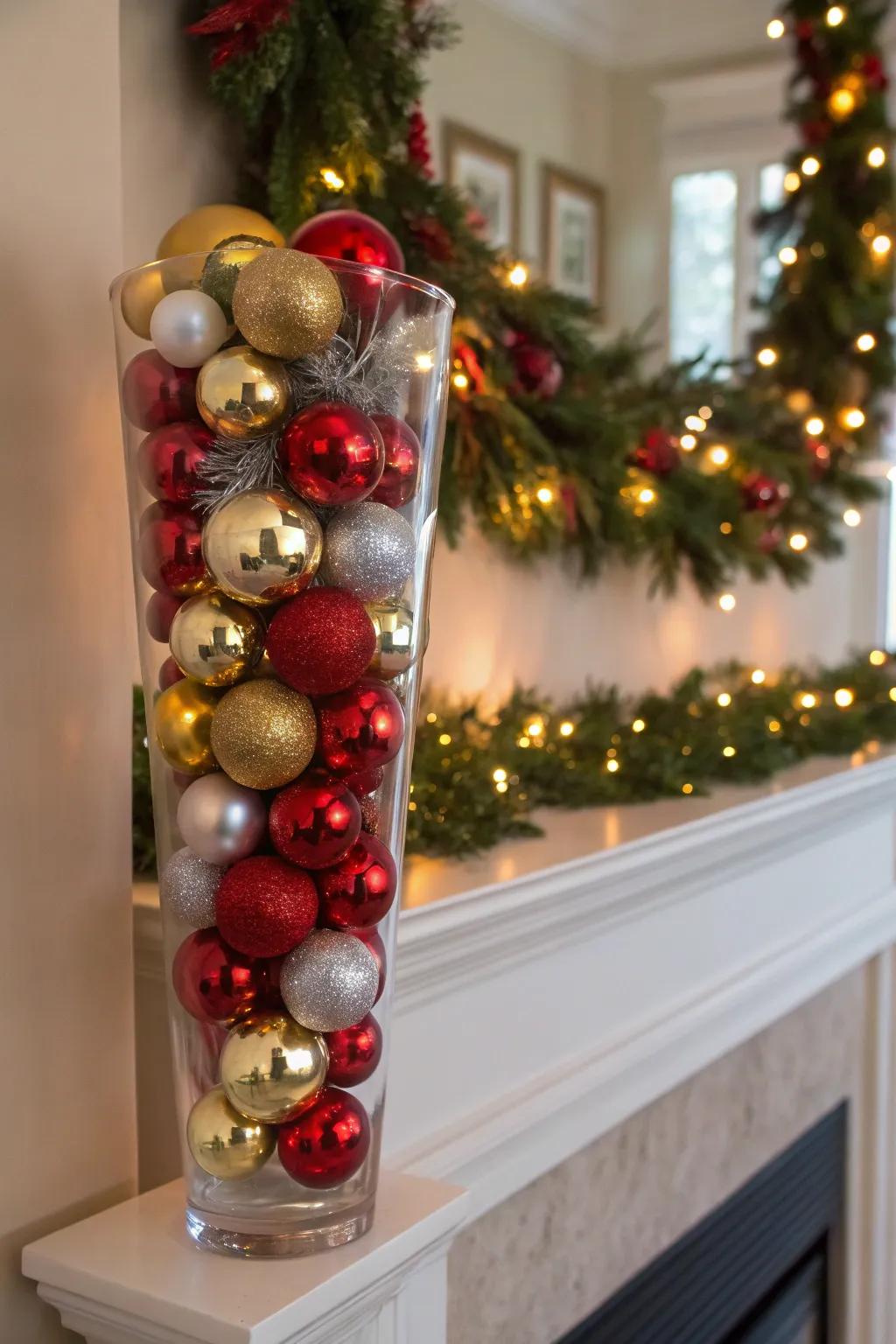 Elevate the glamour with shimmering baubles in festive shades.