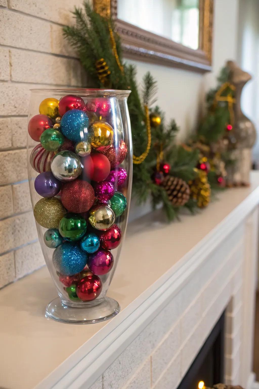 Add a splash of color with an ornament-filled vase.