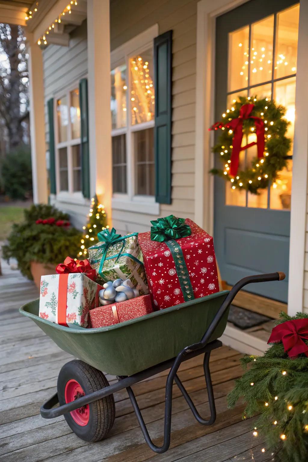 A wheelbarrow creatively repurposed as a festive display for presents.