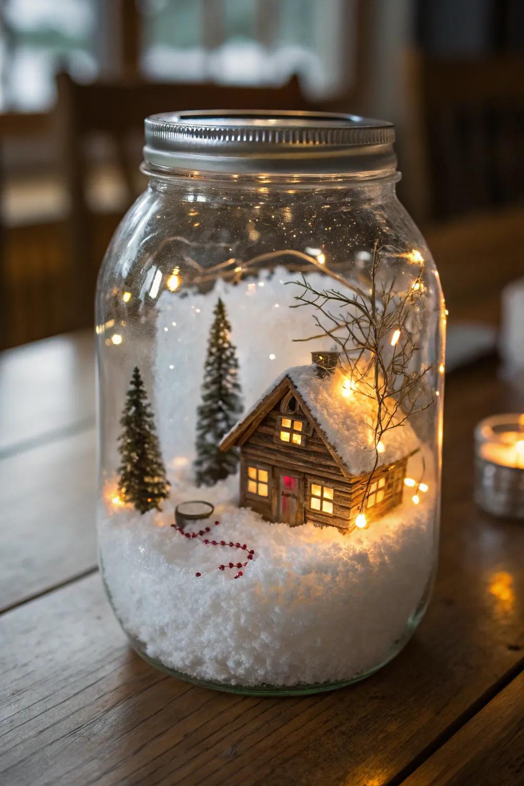 A toasty and welcoming cottage scene contained inside a glass.