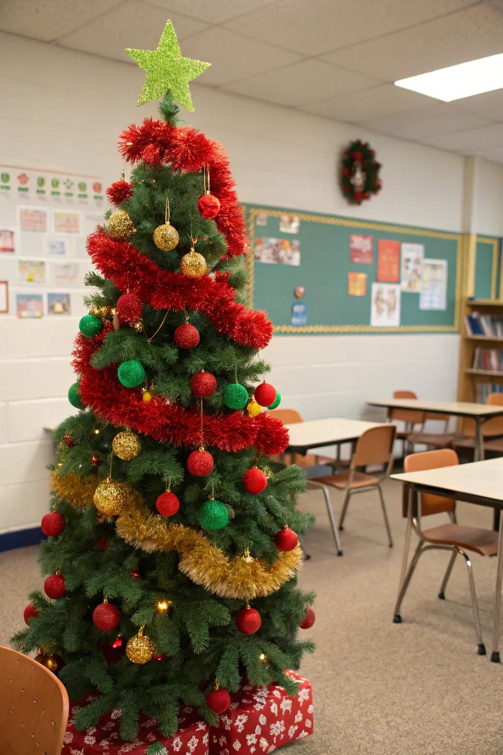 A vibrant pom-pom embellished Christmas tree