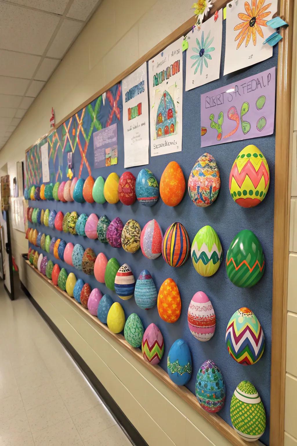 A bright showcase of geometric Easter spheres designed by the students.