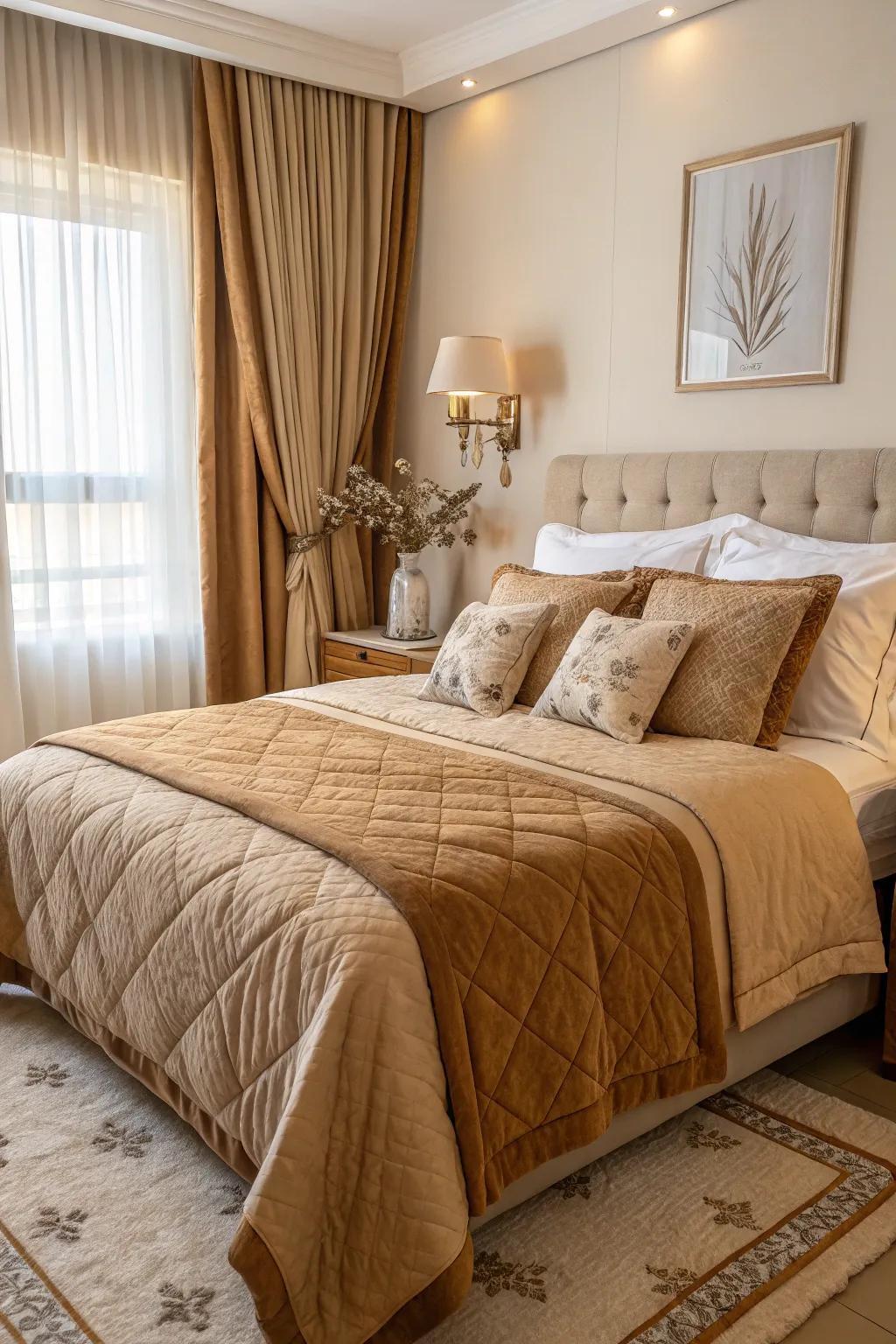 A cozy bed adorned with soft caramel bedding.