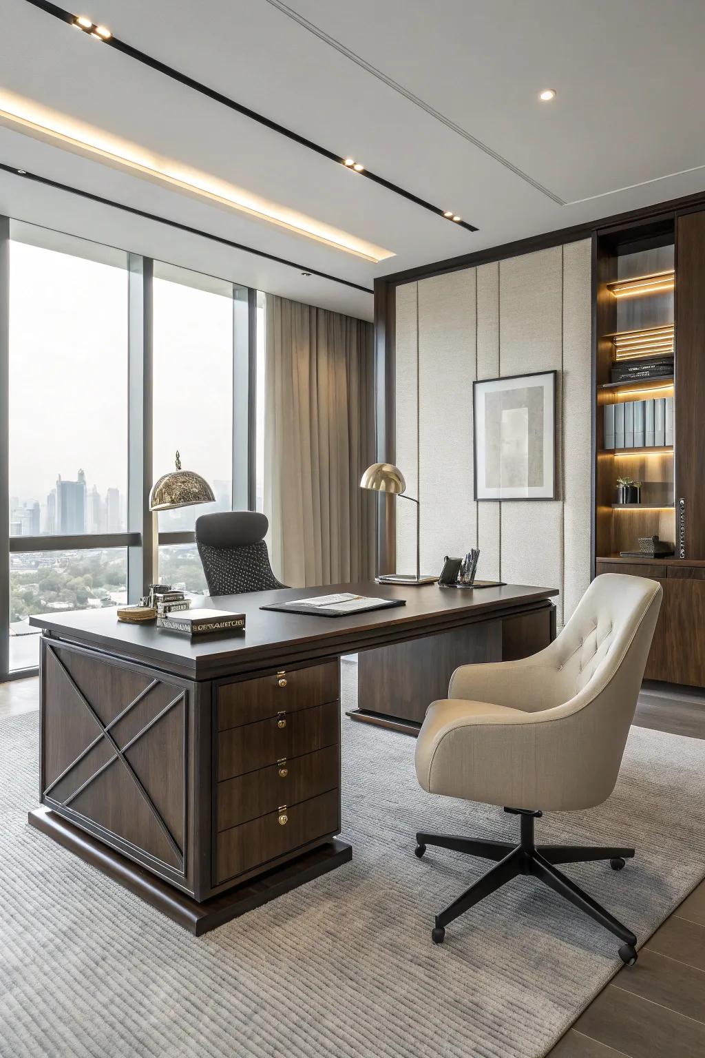 A showpiece desk in rich wood becomes the central element of an elegant office.