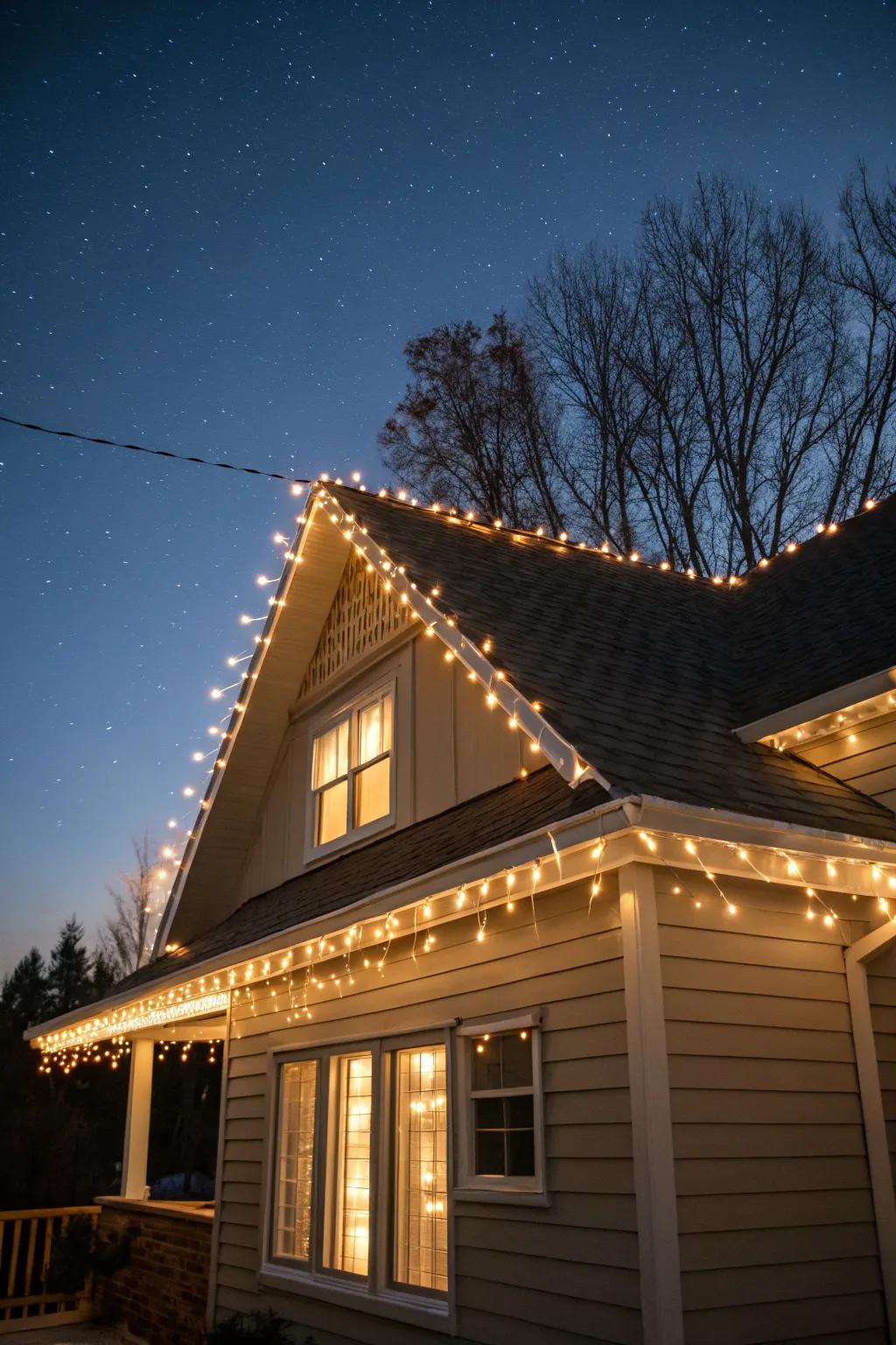 A home's roof gracefully emphasized with light cables.