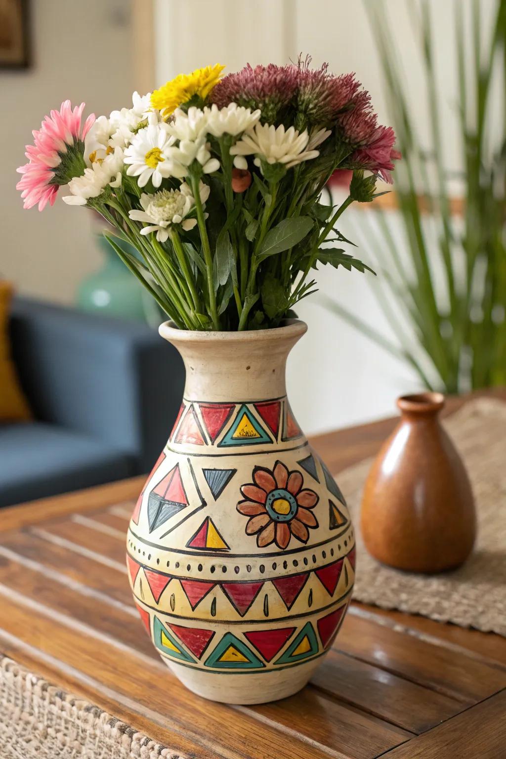 An individually painted earthenware container exhibiting vibrant geometric designs.