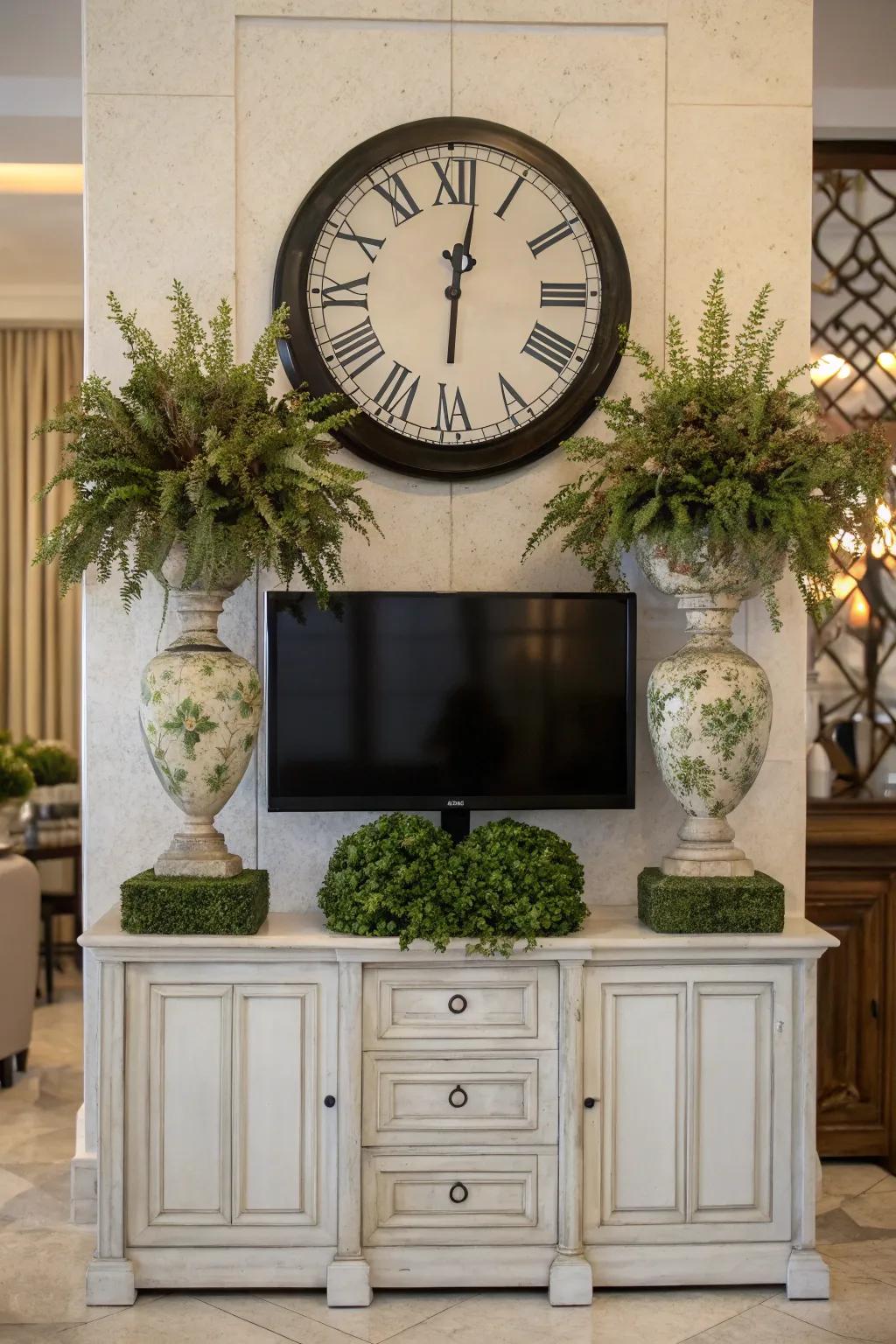 Symmetrical decor featuring a clock and identical vases above a TV setup.
