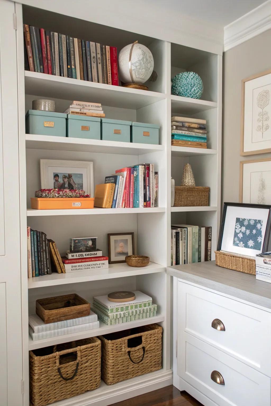 Integrated shelves bring fashion and practicality to a cloffice.