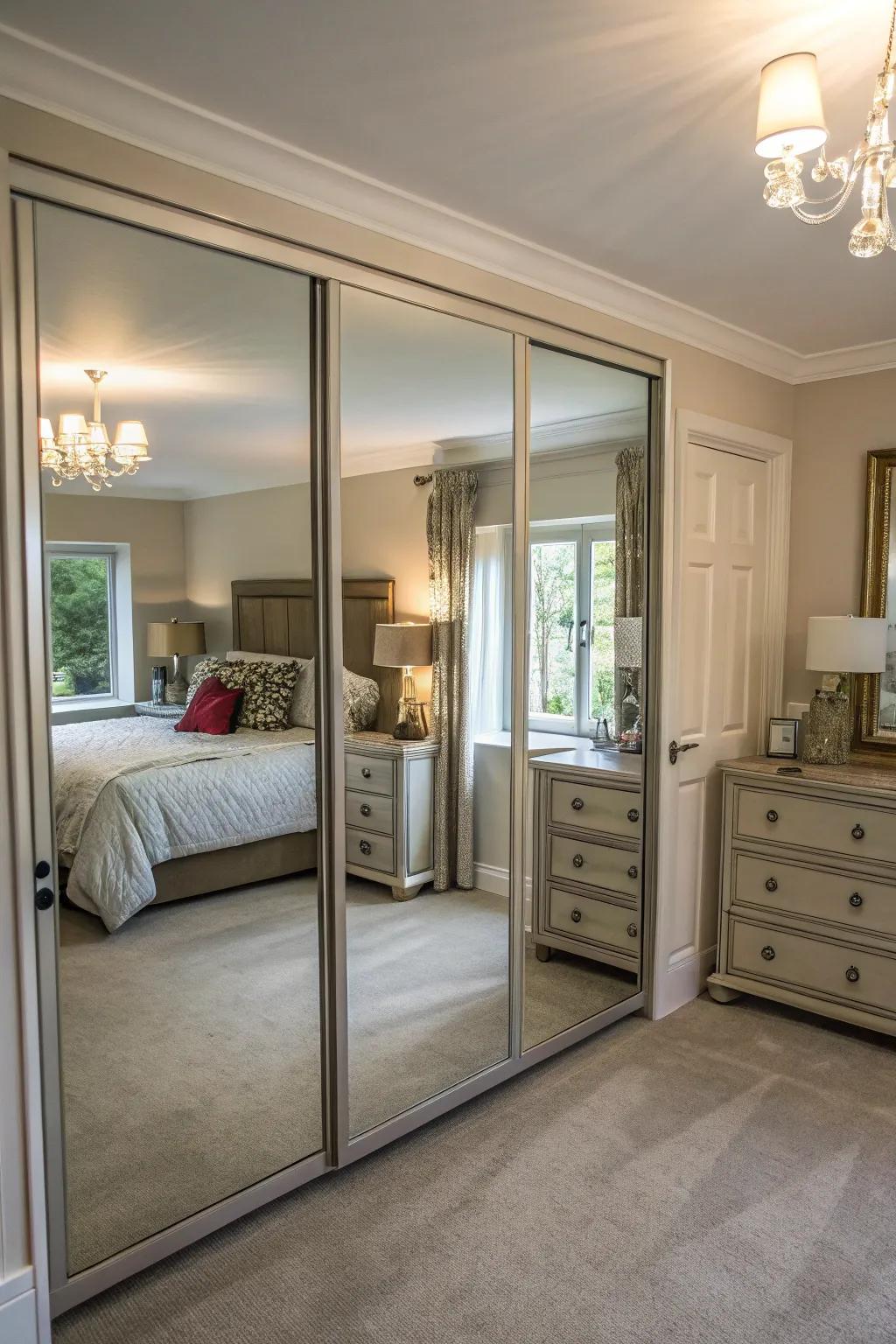 Mirrored doors throw light and broaden visual area.