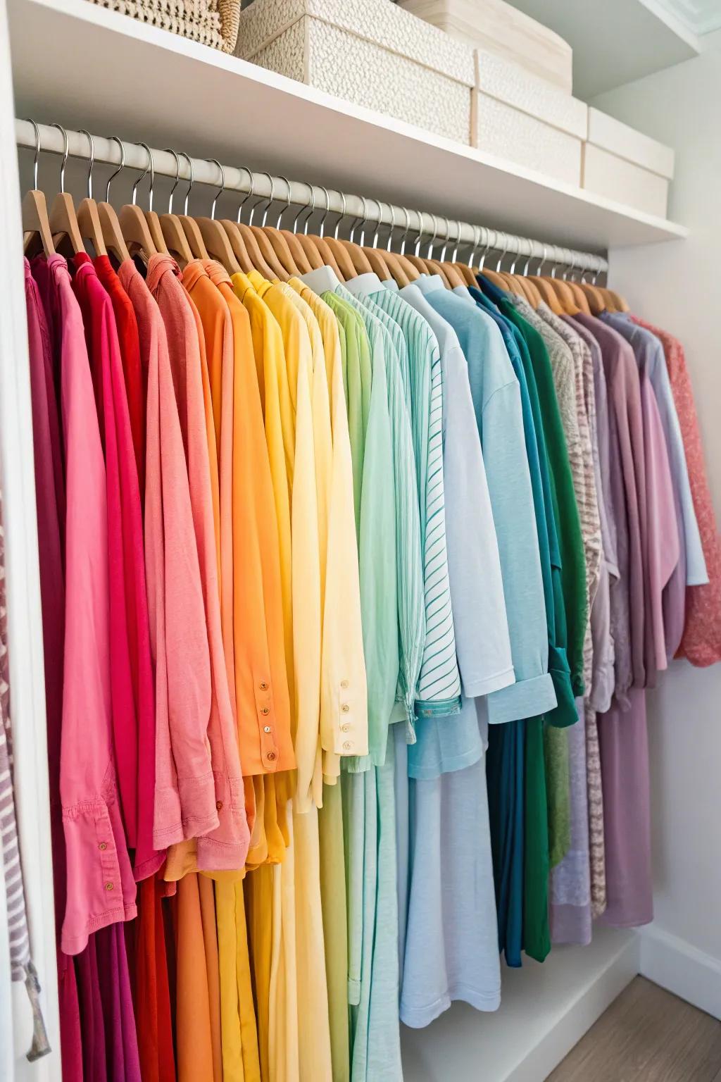 Color-coordinating your clothing makes your closet orderly and cheerful.