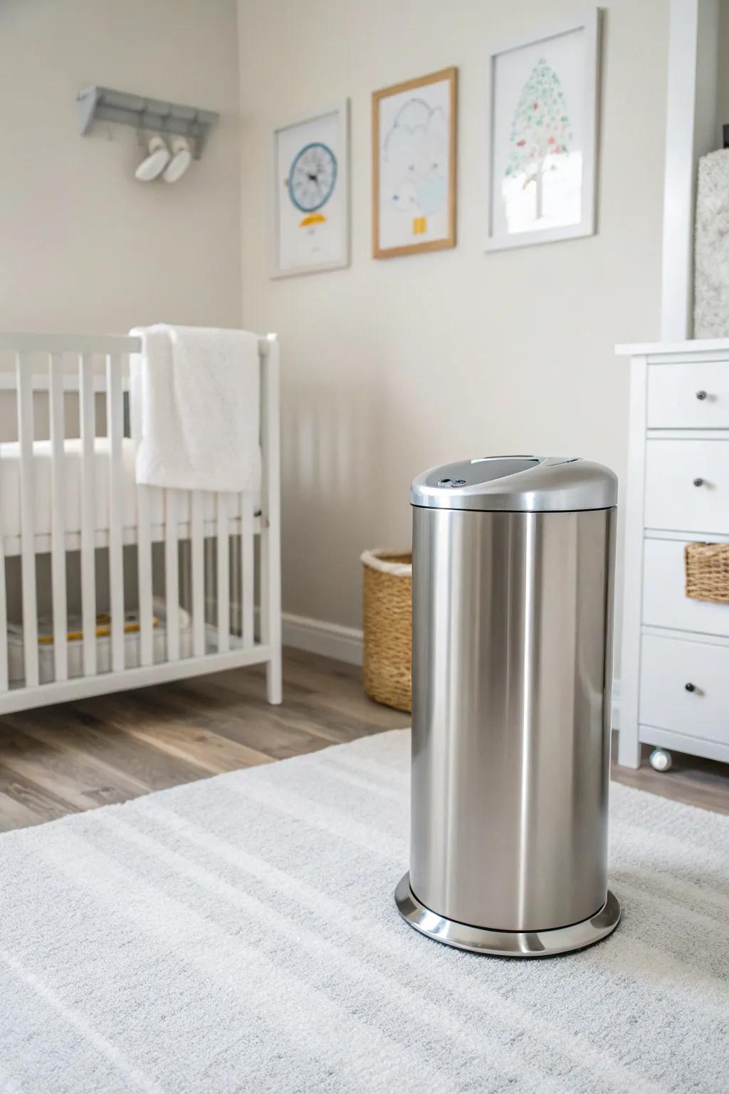 A stainless steel diaper pail adds a touch of modern elegance to a minimalist nursery.