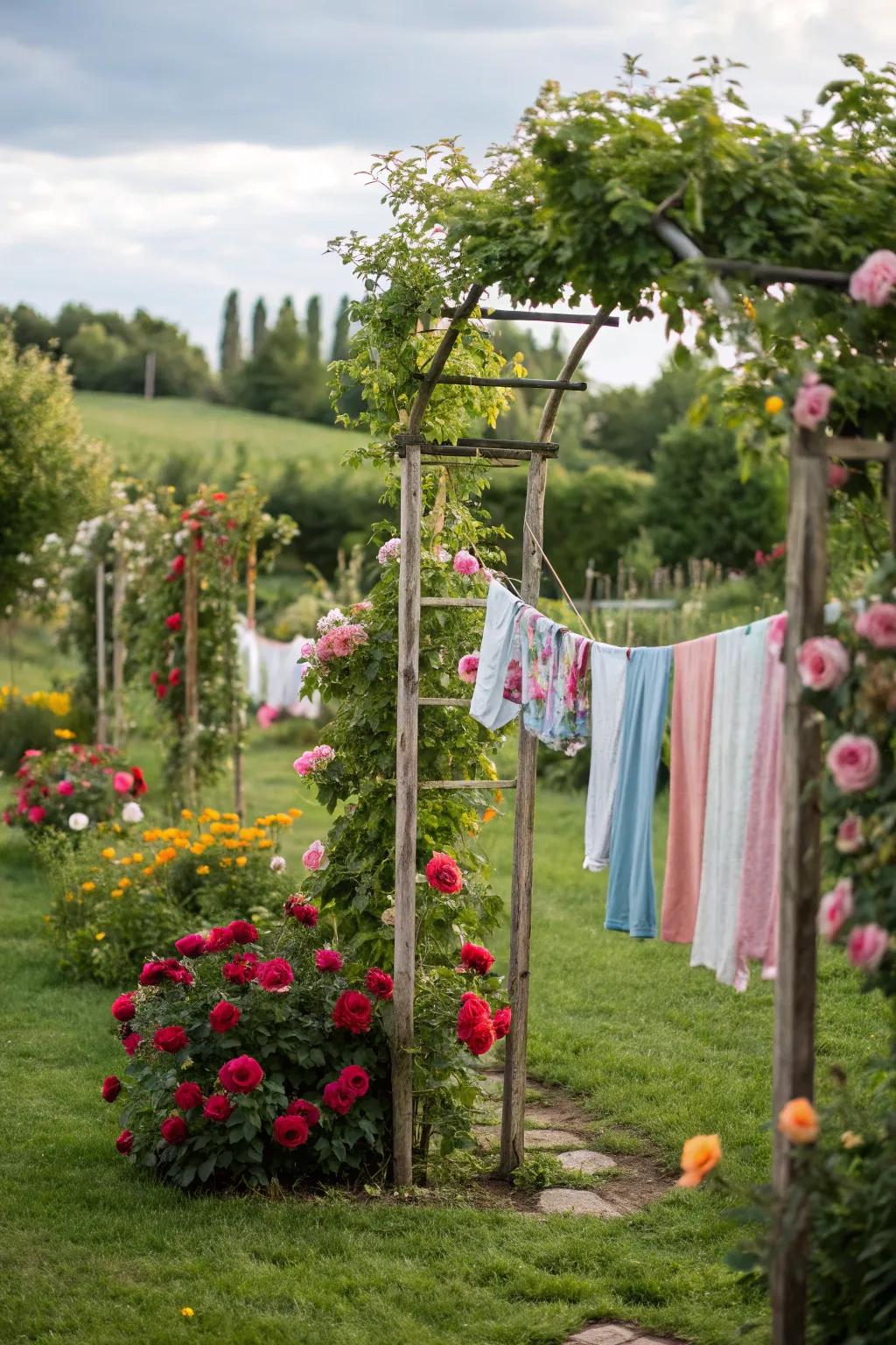 A garden clothesline lending a floral hint to laundry tasks.