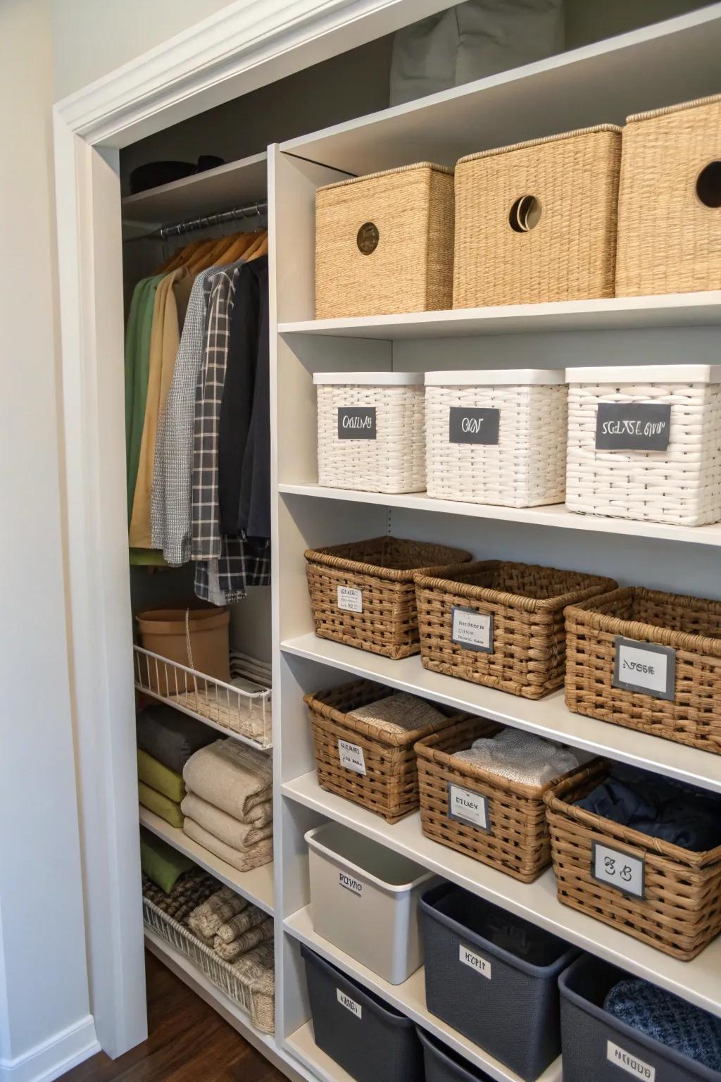 Baskets with labels are great for keeping your closet sorted and free of clutter.