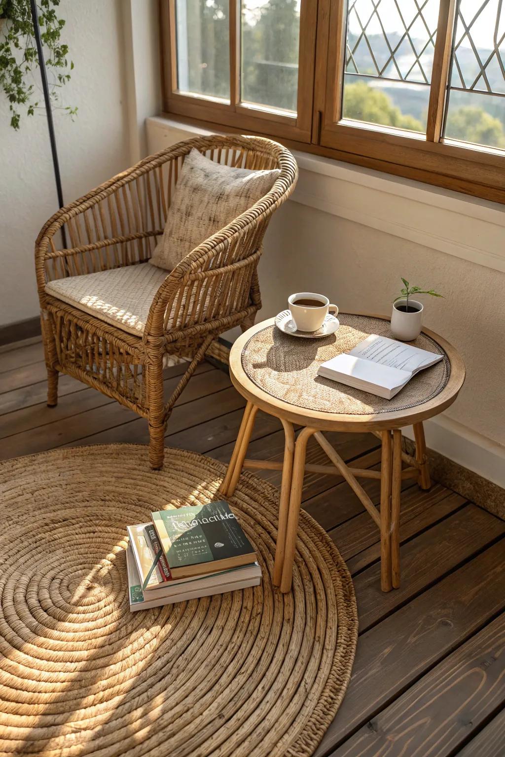 Organic elements such as woven cane and wood contribute to an inviting, cozy coastal environment.