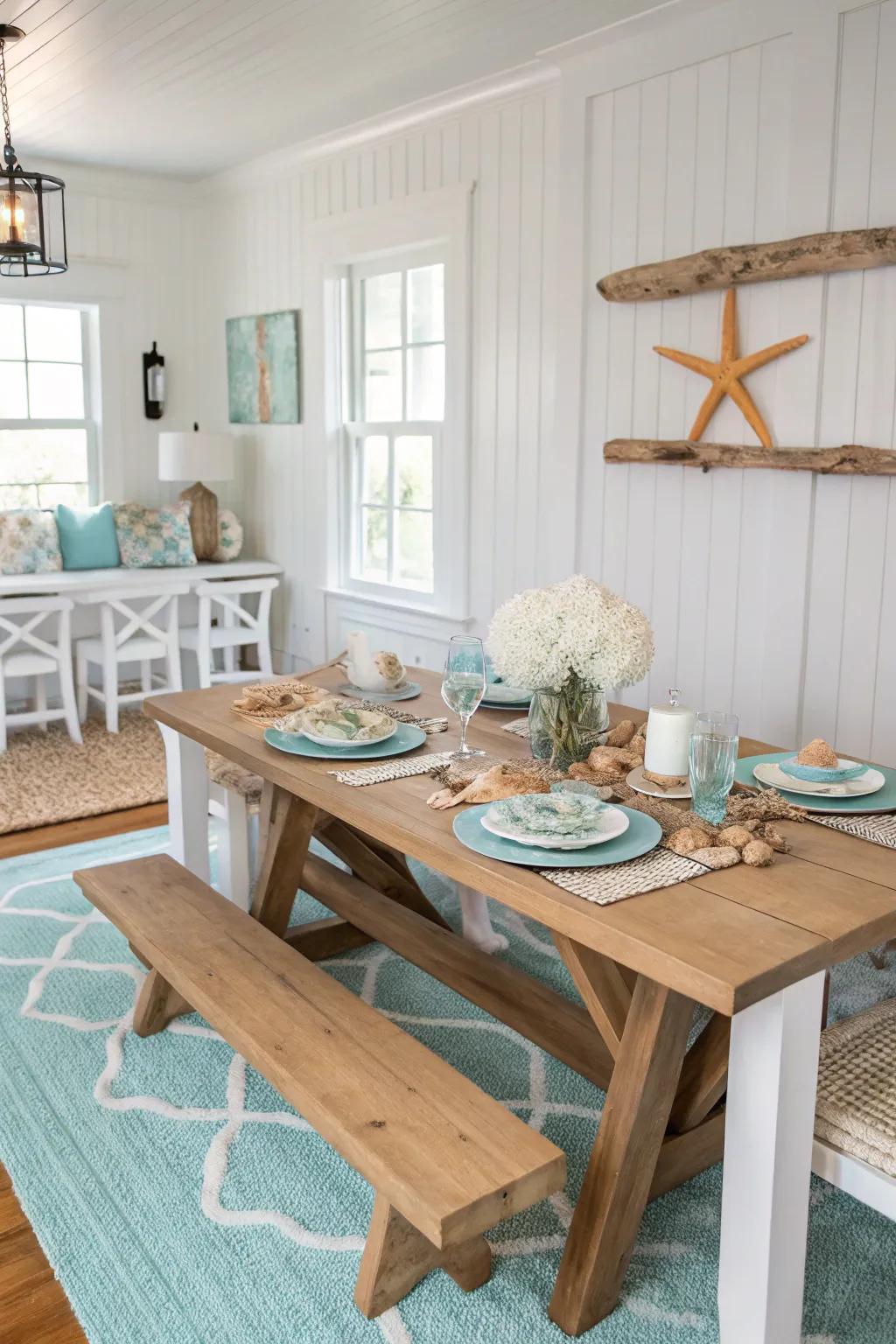 A serene palette of creams and blues embodies the tranquility of the shore.