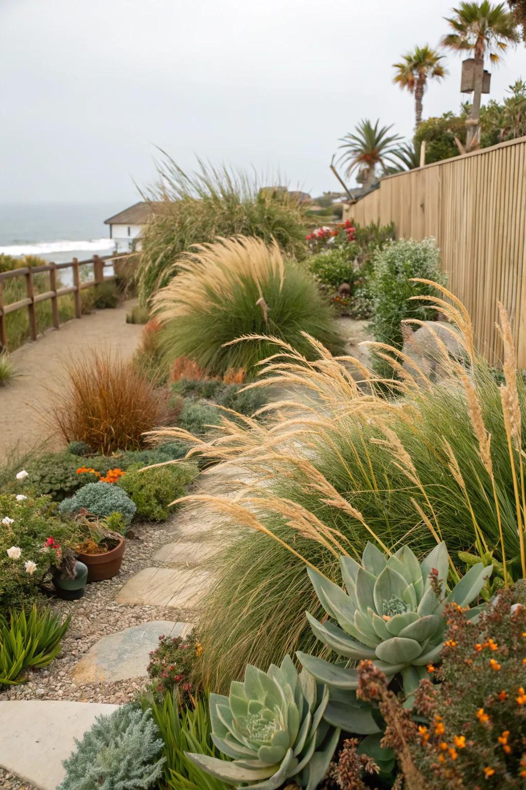 Decorative grasses and succulents bring a touch of the seaside to your garden.