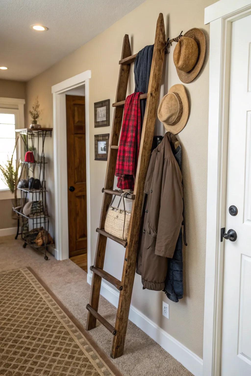 A repurposed wooden step-ladder functions as a one-of-a-kind coat storage in a snug hallway.