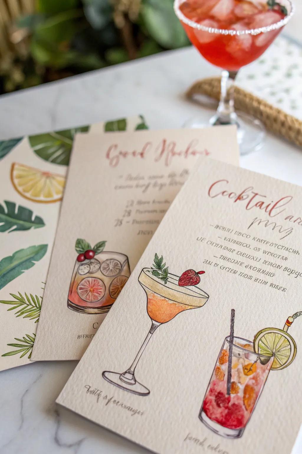 Highlight your signature drinks with creatively illustrated cocktail invitations.