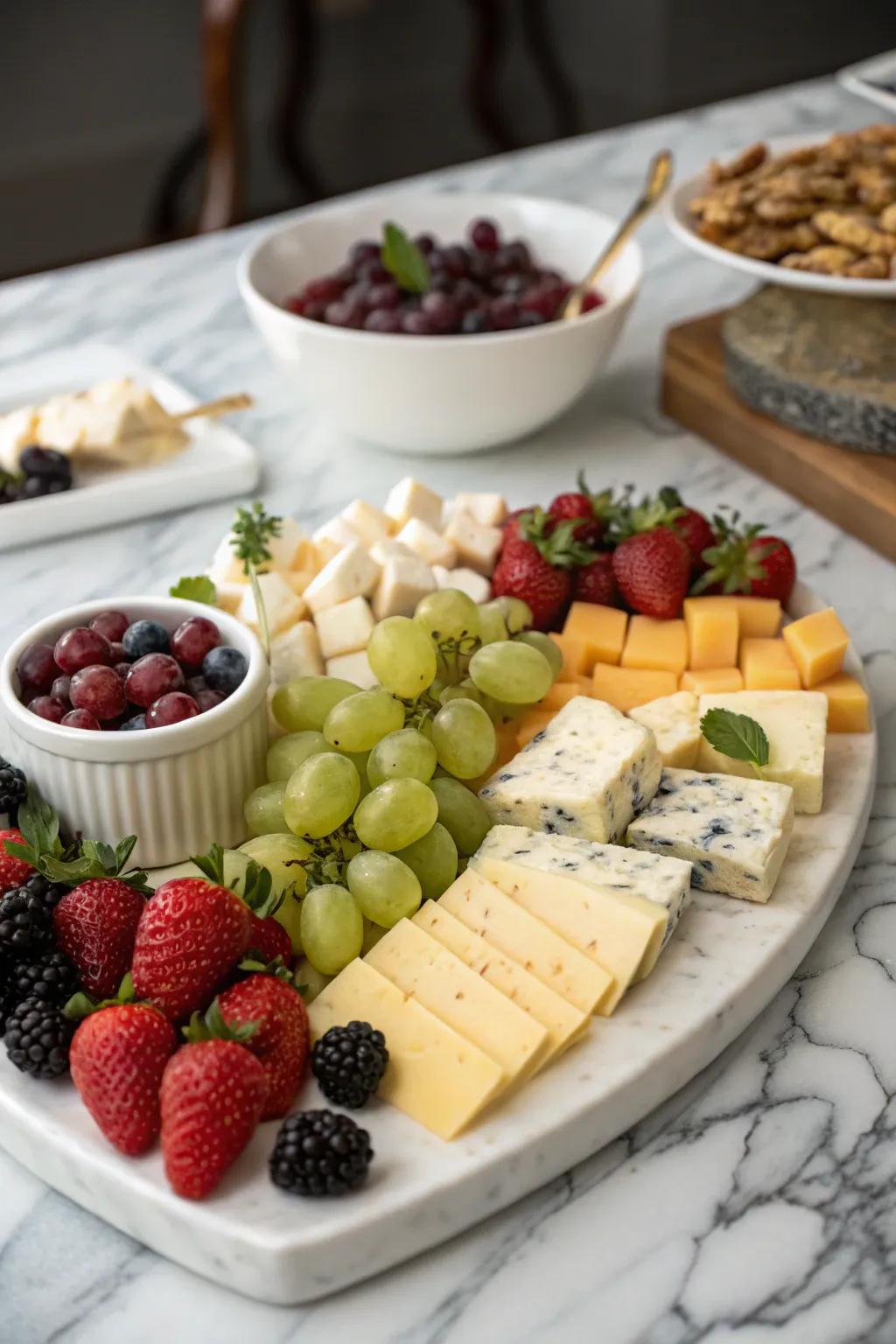 An exquisitely arranged cheese and fruit board to improve your coffee event.
