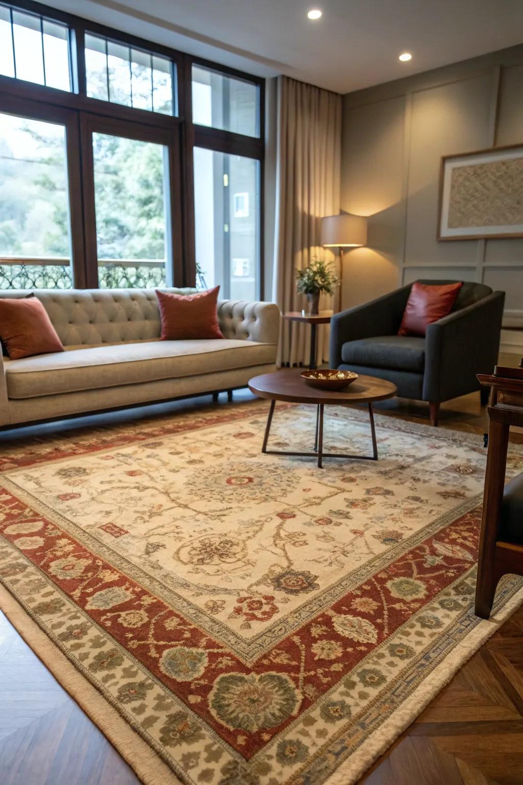 A classic-look floor covering adds warmth and character to a contemporary living room.