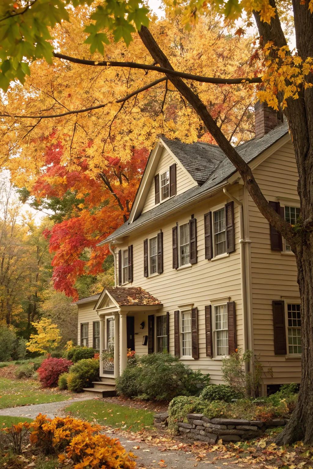 A colonial-style house adorned in warm, natural shades, complemented by the picturesque beauty of fall surroundings.