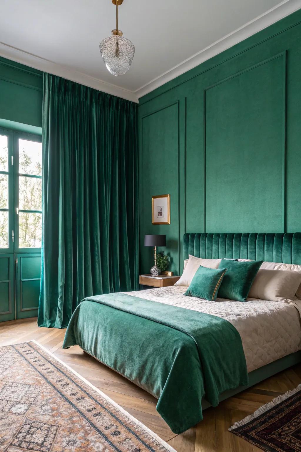 A striking emerald verdant color drenching transforms the bedroom into an attractive sanctuary.