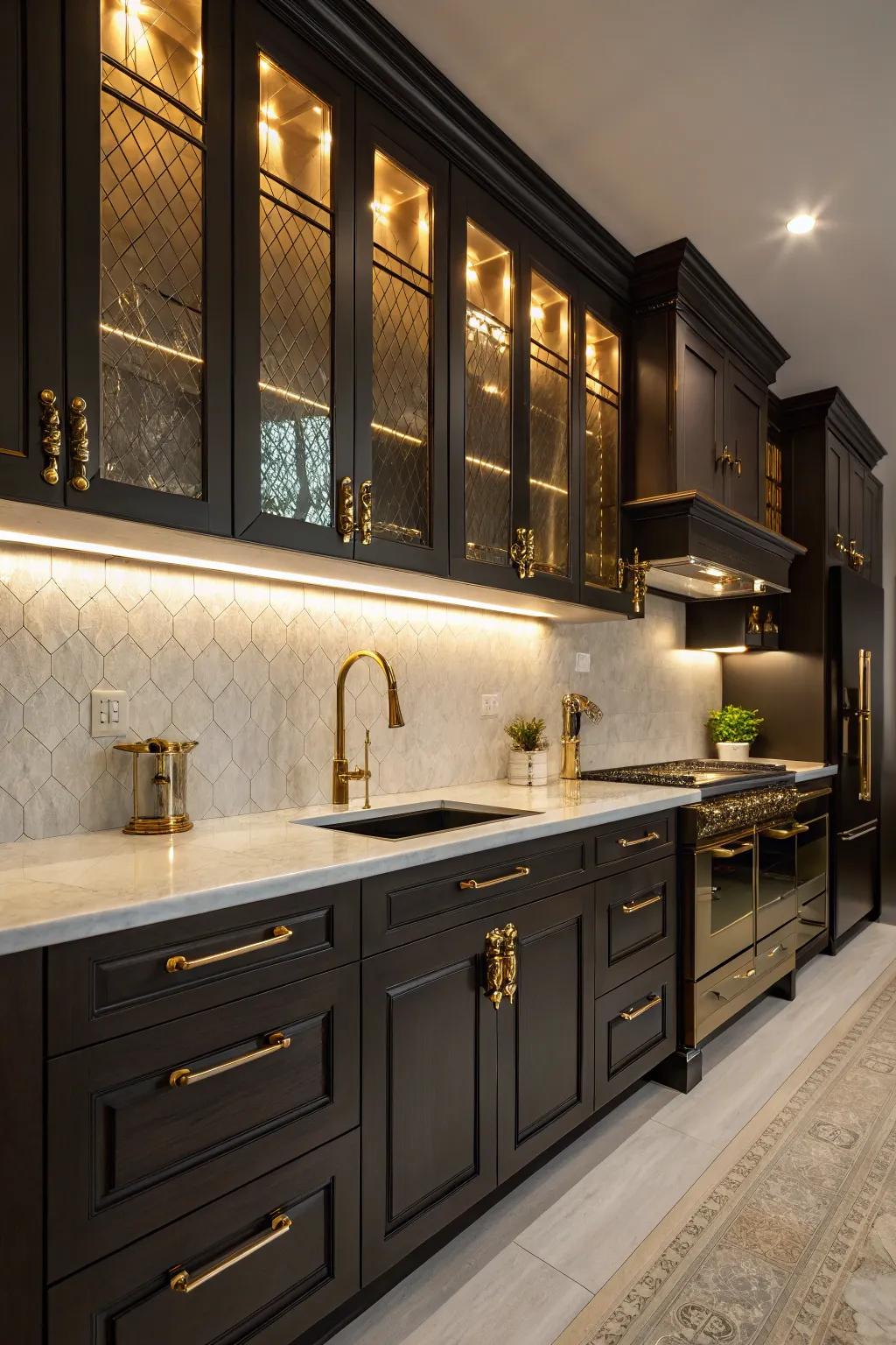 Dark cabinets complemented by gold hardware, bringing a hint of luxury to the kitchen.