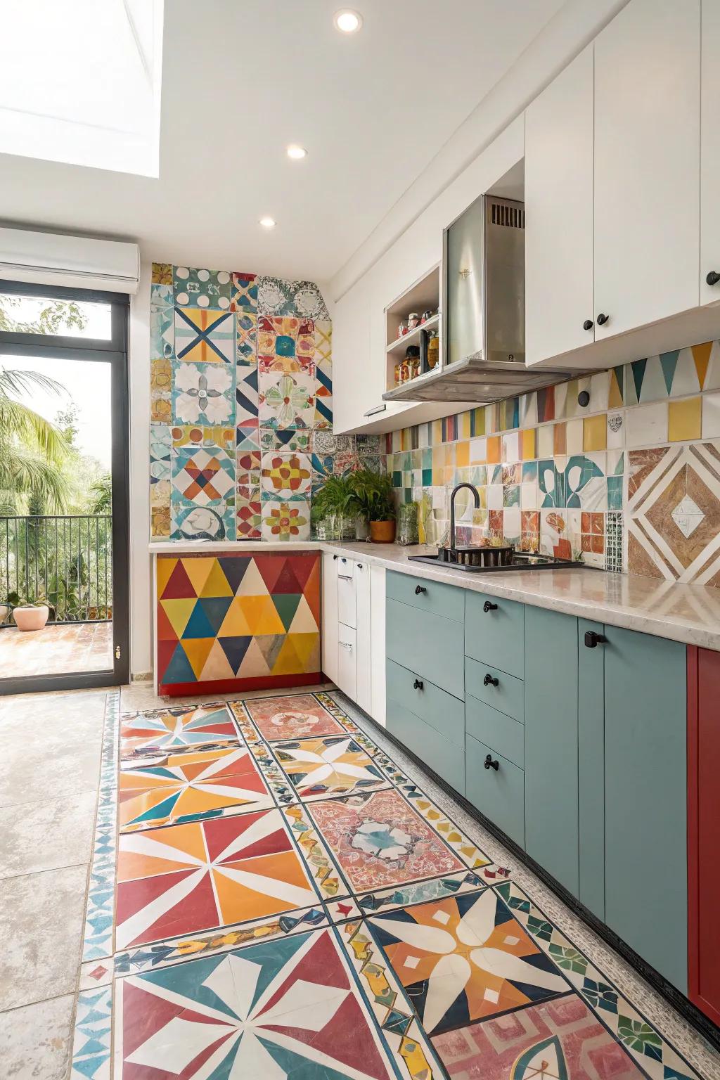 Patterned floor coverings contribute a dynamic and spirited touch to the cooking area.