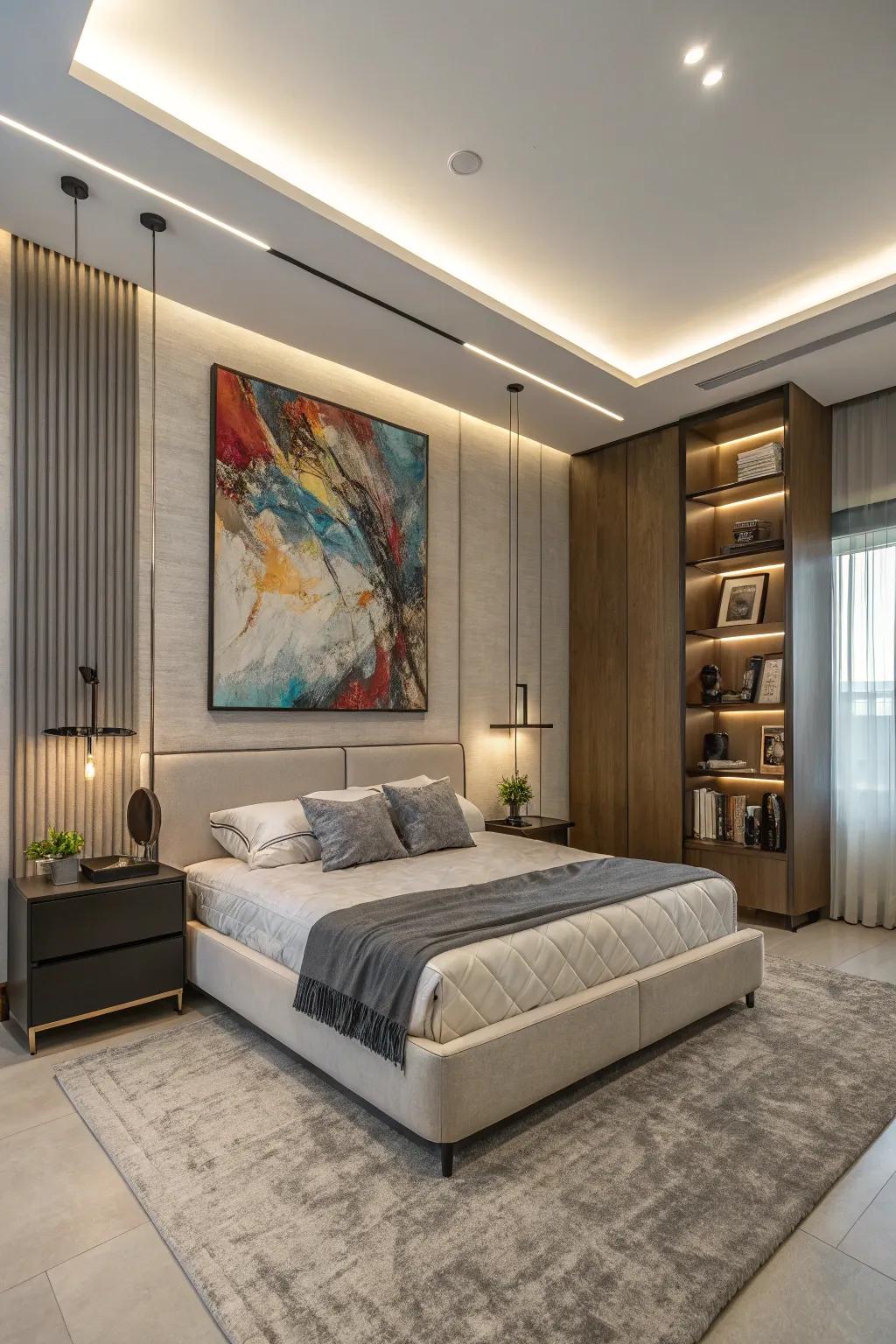 Modern art provides a unique feel to this updated bedroom.