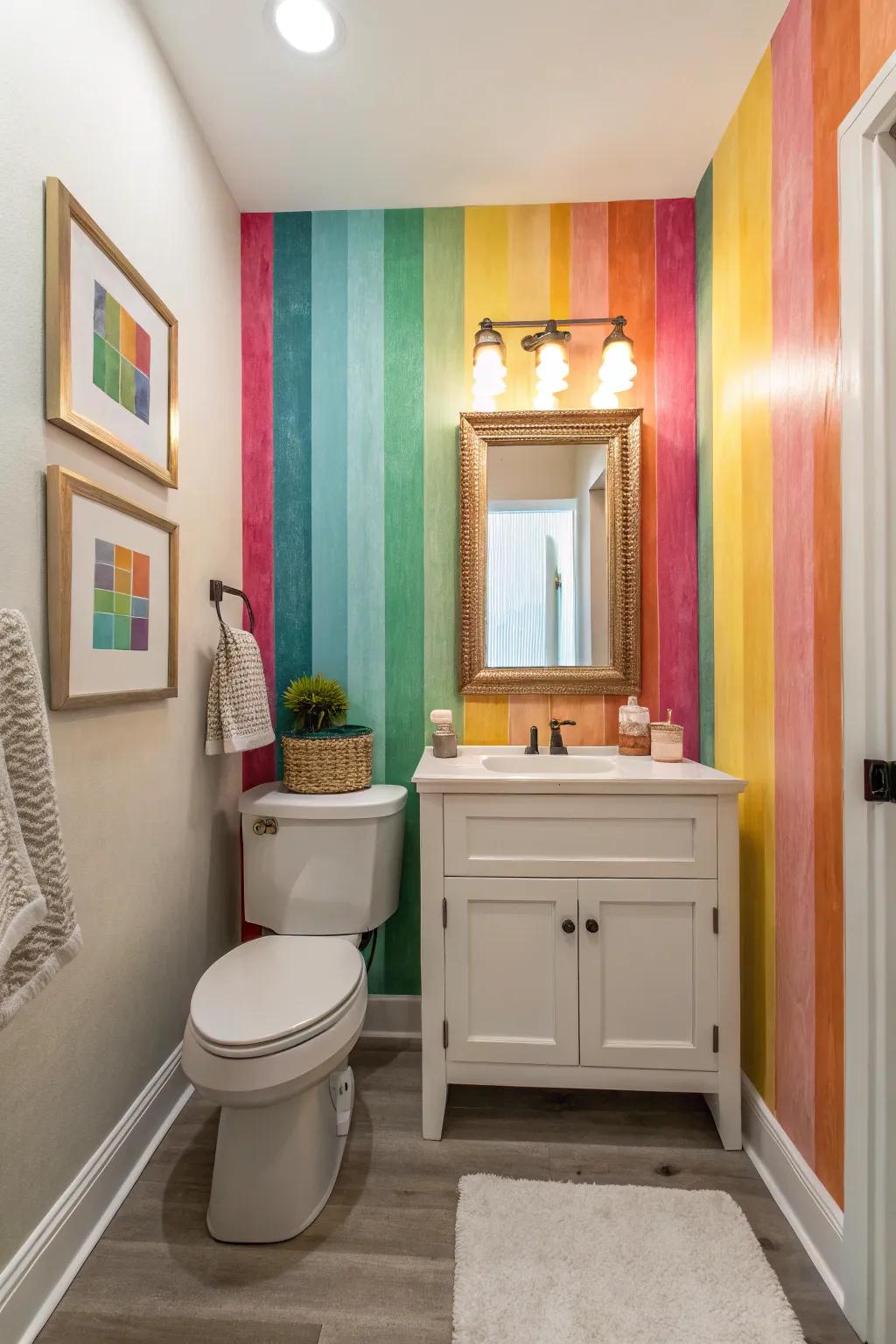 A guest bathroom featuring a bright feature wall with diverse colors.