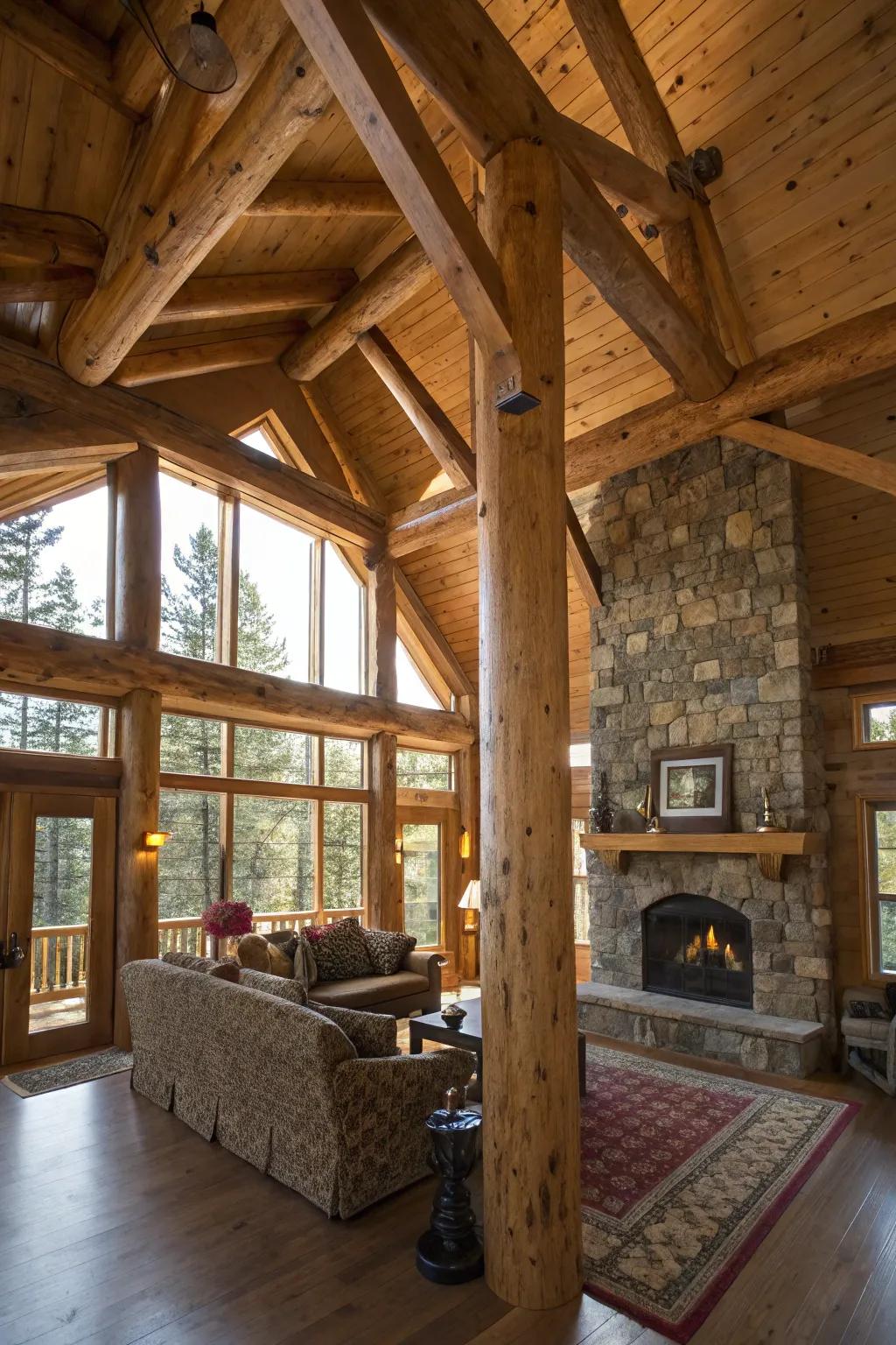 Rustic timber columns contributing warmth and character to a woodland-style living area.