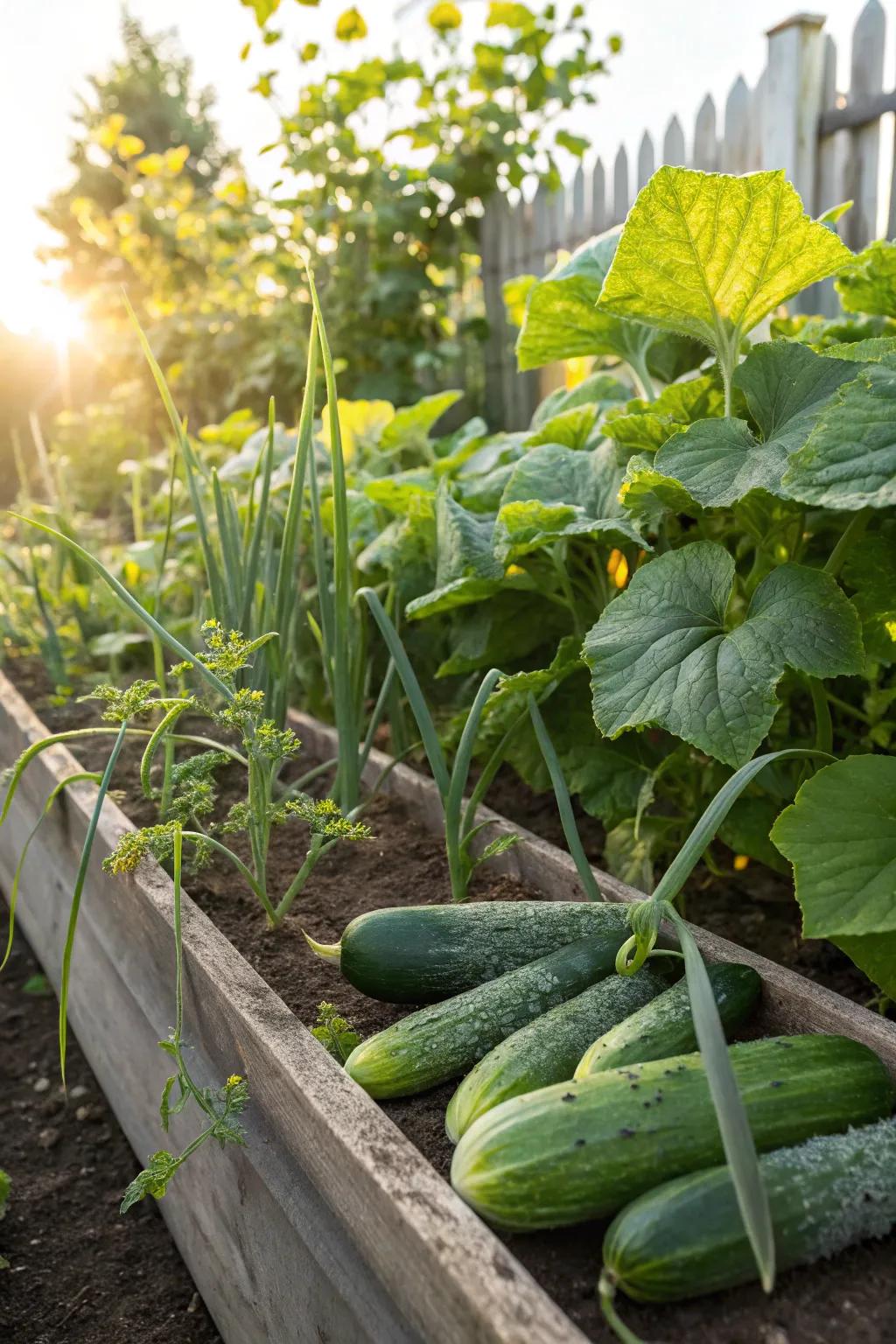 Zucchinis and herbs co-exist, successfully keeping away pests.