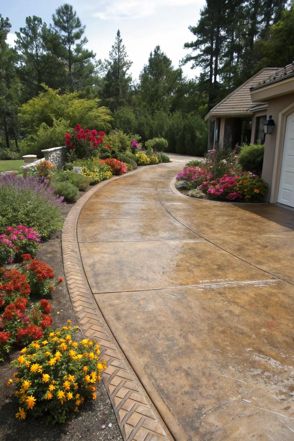 A tinted concrete driveway which introduces warmth and dimension to the home's outdoor setting.