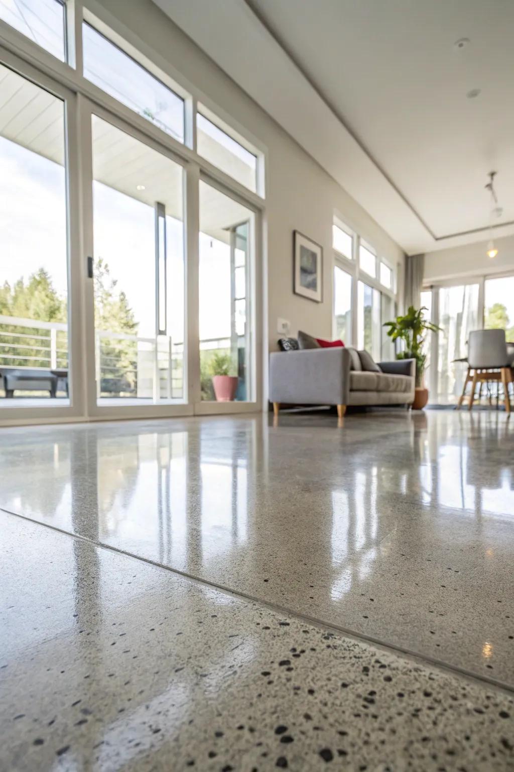 Polished concrete floors reflect natural light in a contemporary living room.