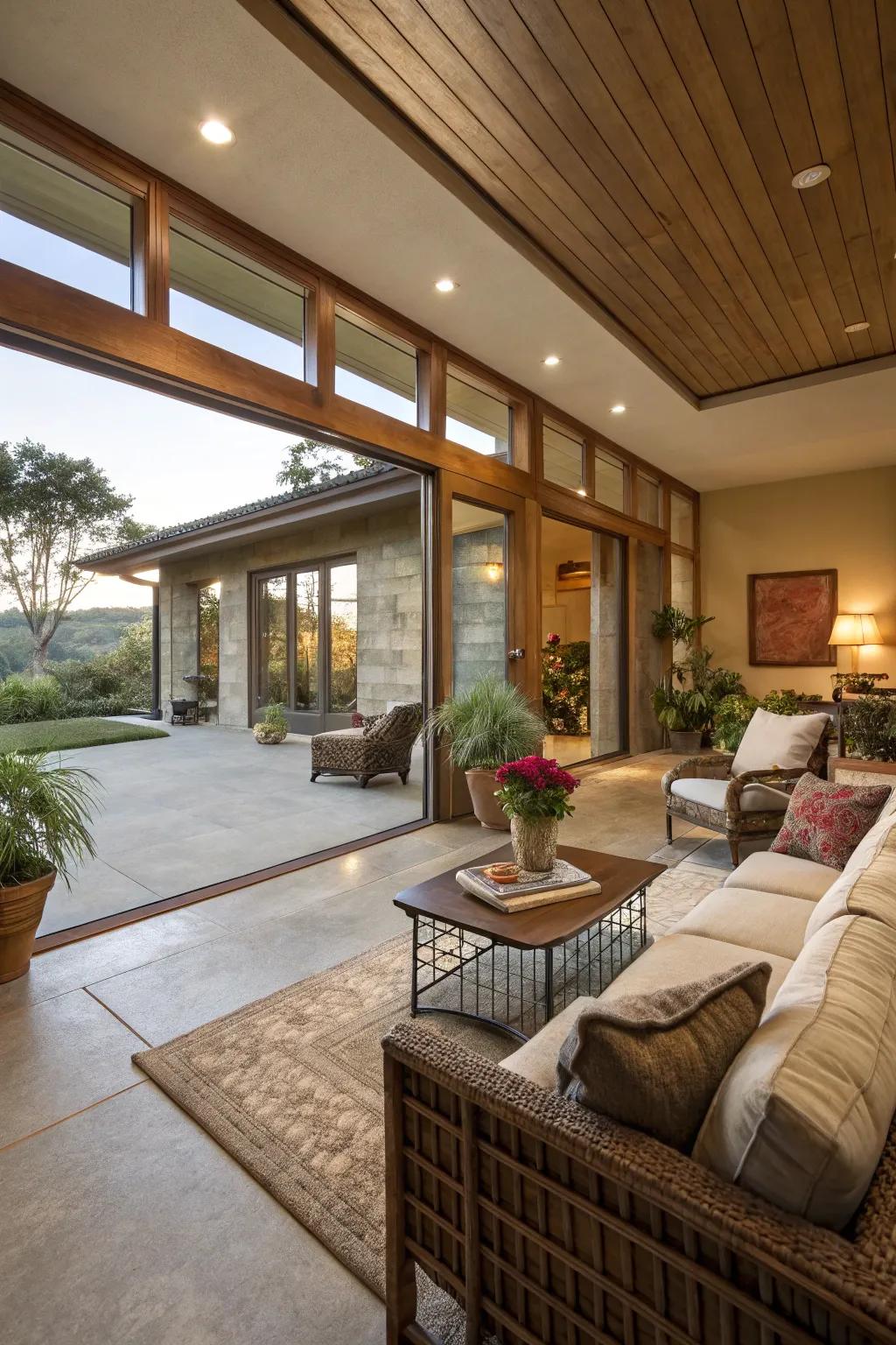 Seamless concrete flooring elegantly connects the indoor and outdoor living areas.