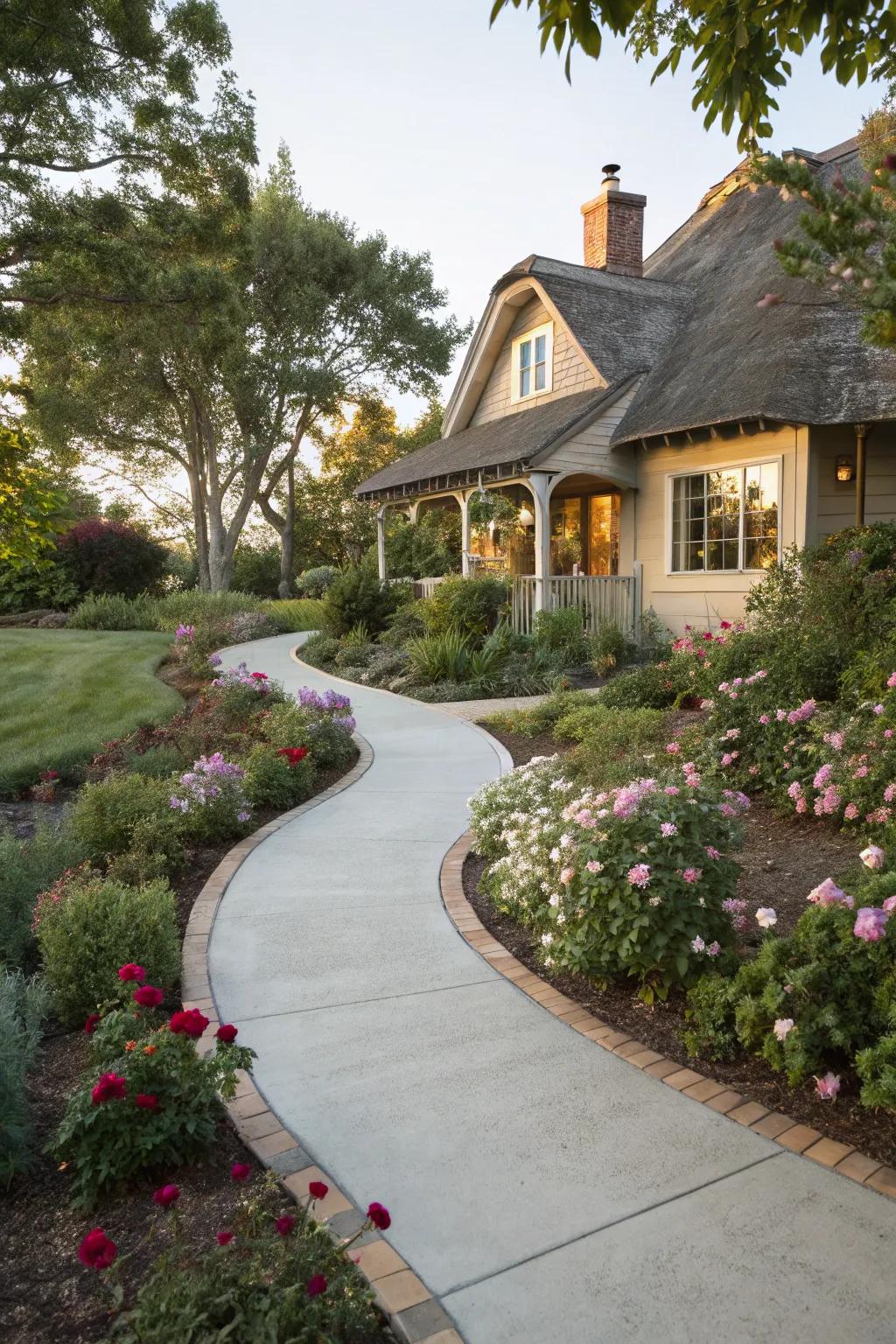 Curved walkways introduce a natural feel to your entrance.