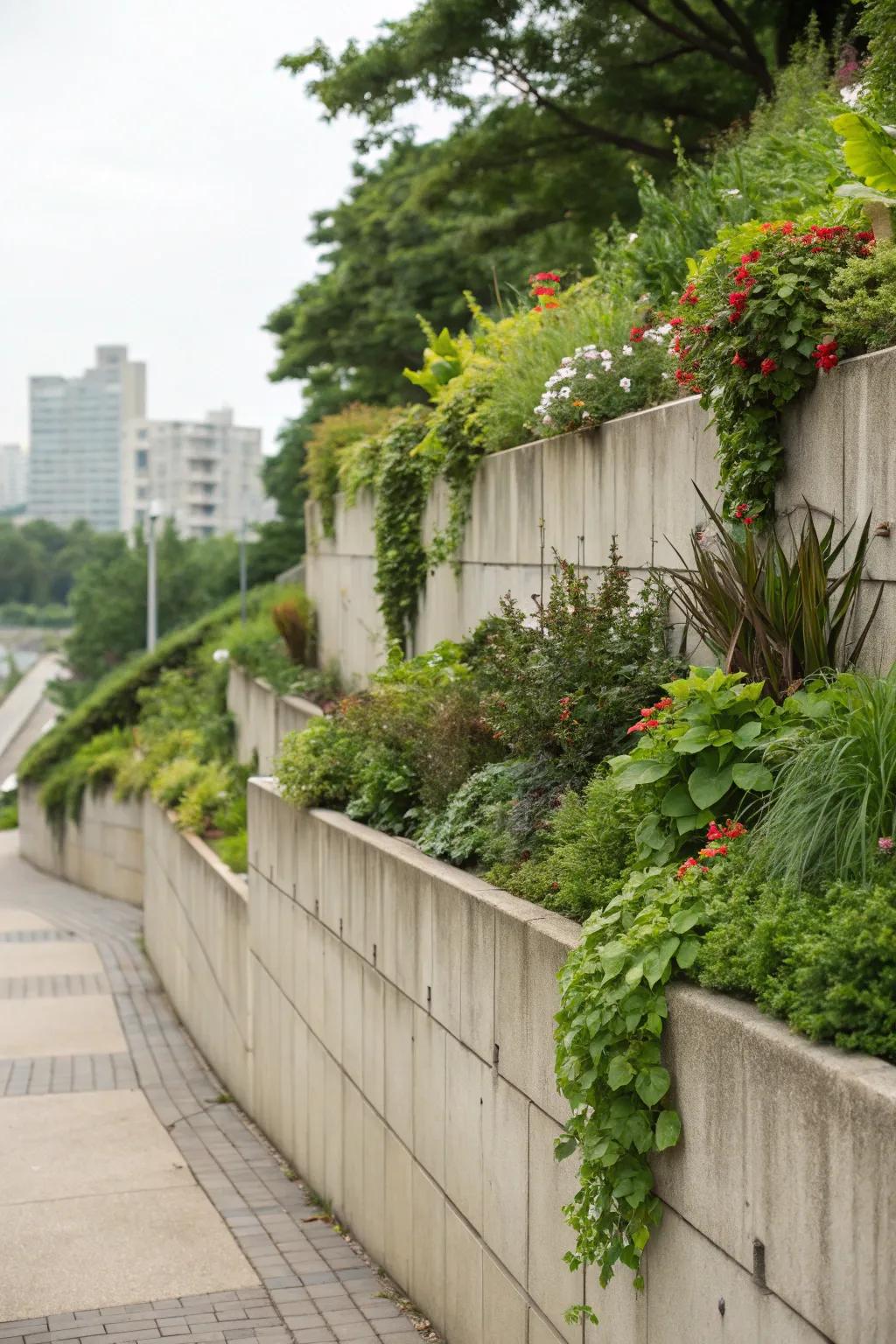Integrated planters turn retaining walls into lush green displays.