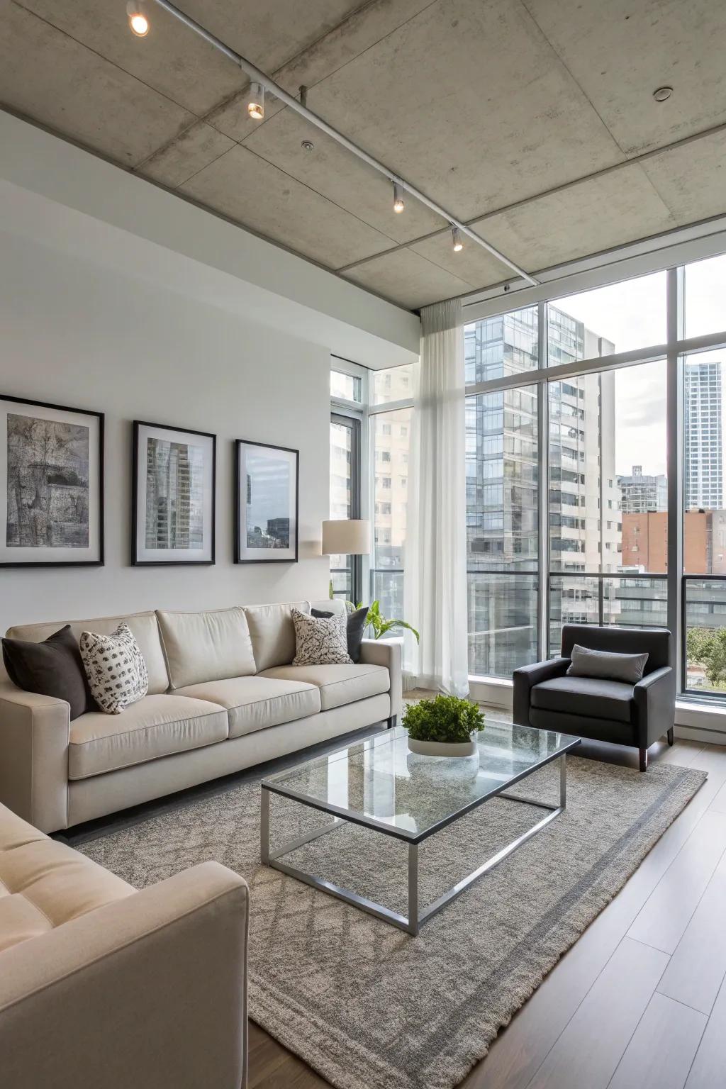 A modern condo living area showcasing sleek furniture and minimal ornamentation.