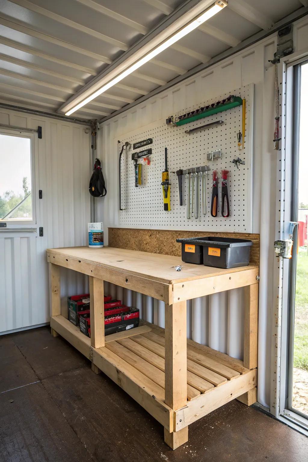With a useful workbench, you can build your own workshop inside a shipping container.