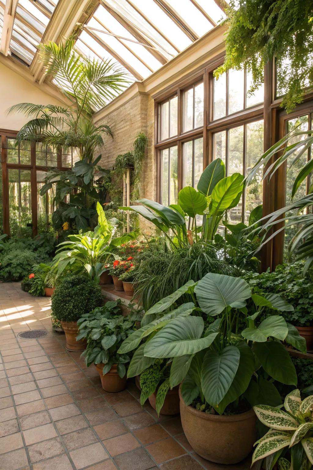 A flourishing indoor sanctuary within a conservatory, displaying a diverse collection of plants.