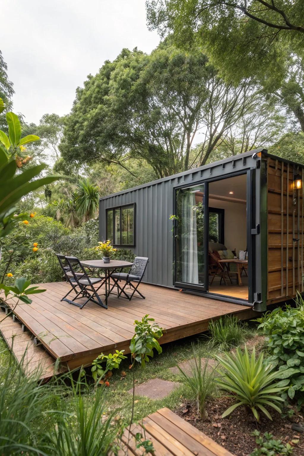 A pleasant terrace enhances the usable space of this container dwelling.