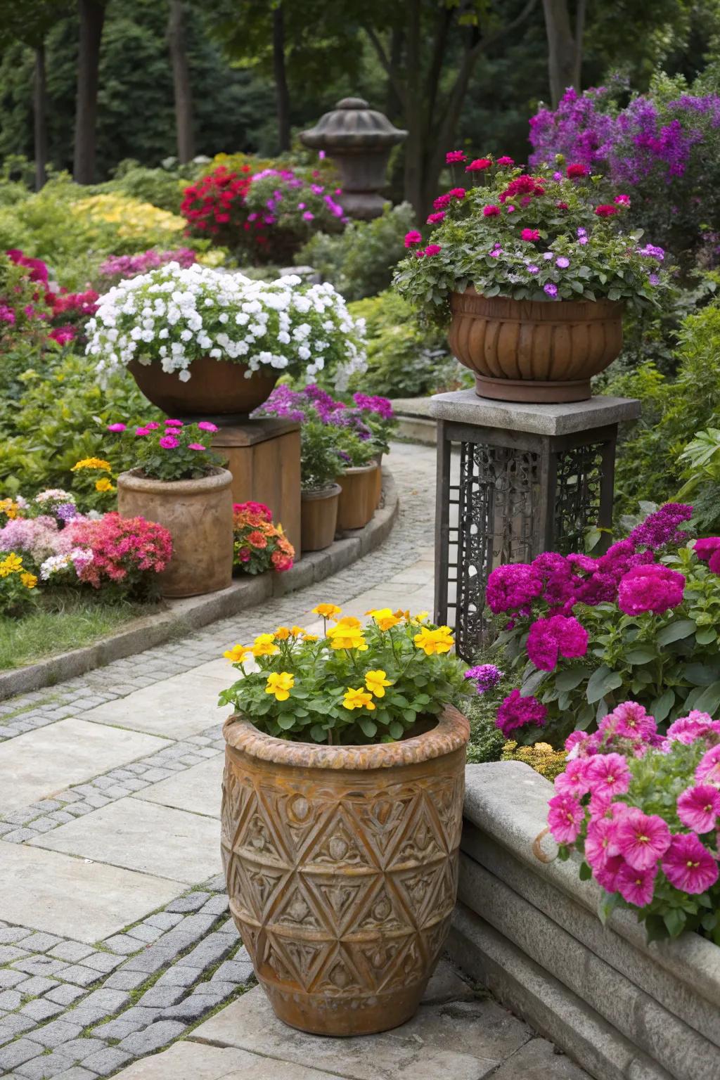 A diverse collection of planter designs in a garden.