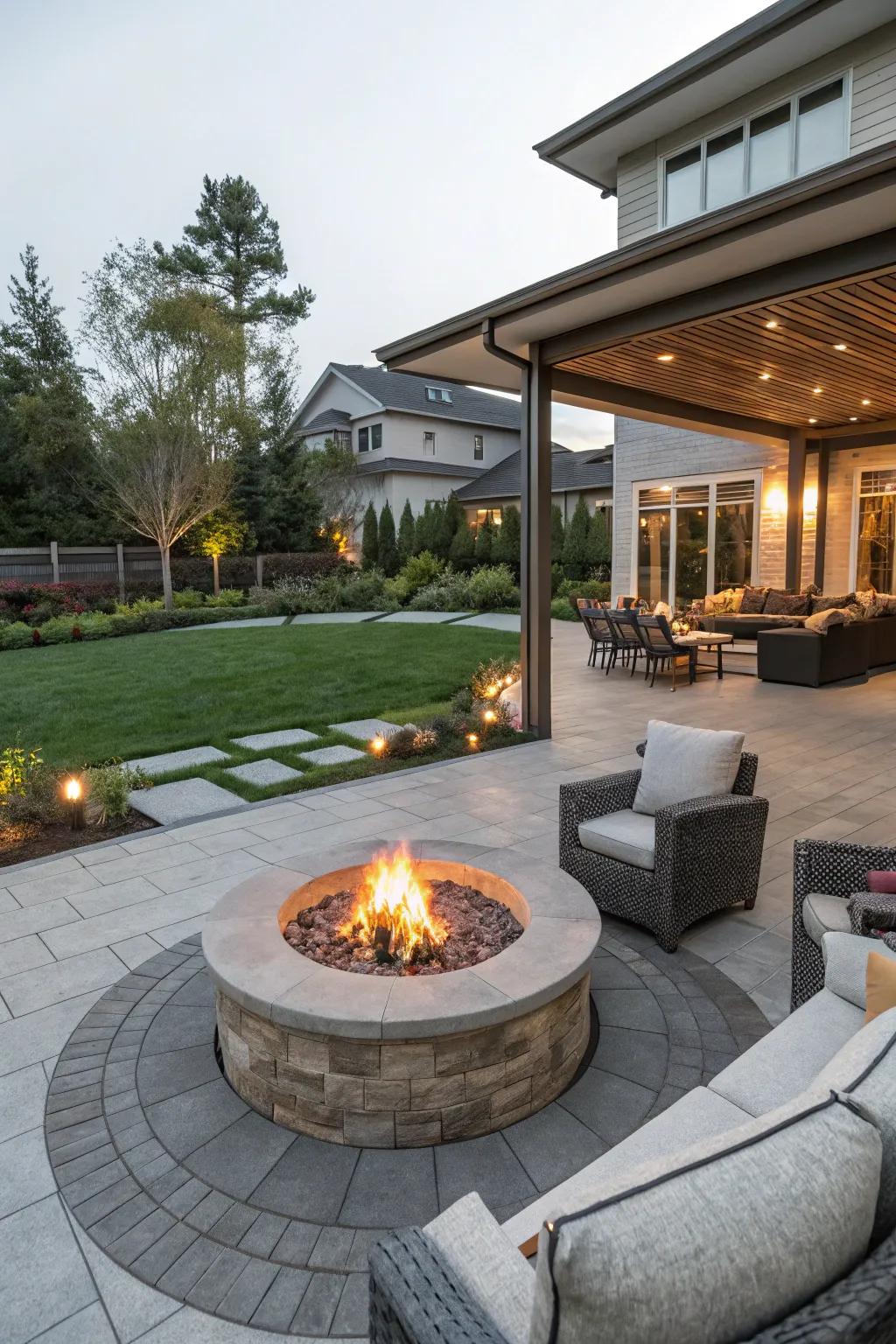 A welcoming fire pit acts as the main attraction in this modern patio design.